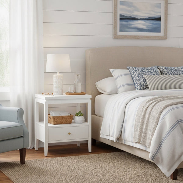 English Elm Olana Floating Top 1-Drawer Nightstand in White — Modern Solid Wood Nightstand with Hidden Tray, Gold Pull, Shelf B050P376963