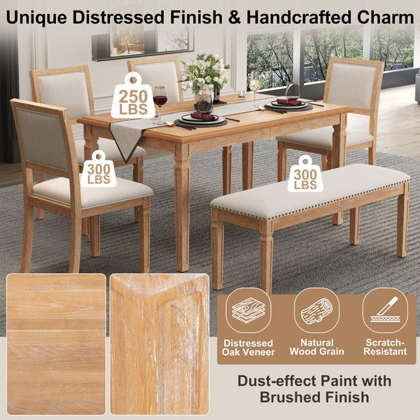 English Elm Trexm Rustic Farmhouse Extendable Dining Set Six Piece with Bench Distressed Wood Beige,Natural Wood Wash ST000151AAD