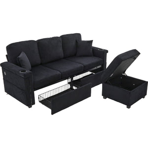 English Elm UNITED Corduroy L-Shaped Sectional Sofa with Storage Ottoman, USB Ports, Cup Holders & LED Lighting Black W1568P332409