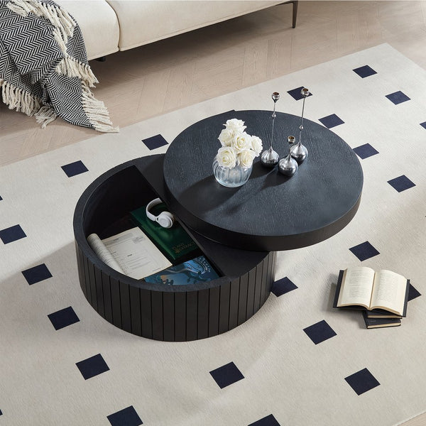 English Elm Round Wood Grain Coffee Table with Rotating Top and Hidden Storage for Modern Living Black W2085P399018