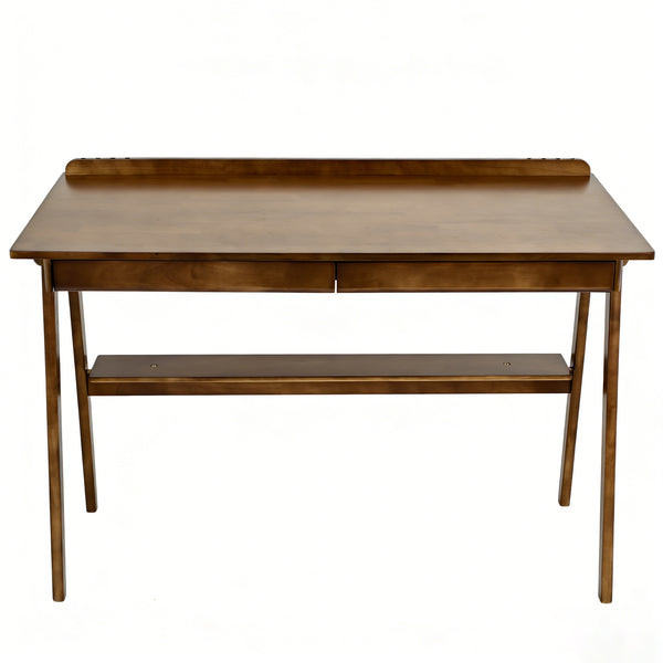 English Elm Solid Wood Writing Desk Mid Century Walnut Finish Two Drawers Shelf and Side Hooks W3204P465630