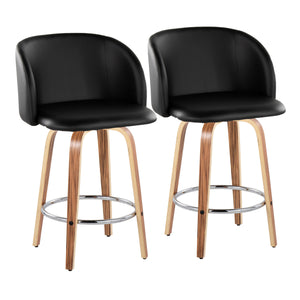 English Elm Fixed-height Swivel Barstools Zebra Wood Base Faux Leather Seat Chrome Footrest Pair B202S01771