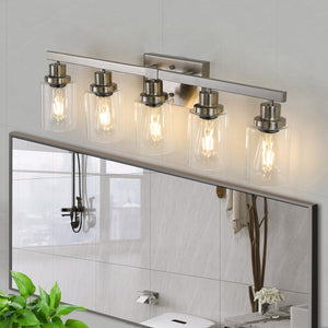 English Elm 31" Modern 5-Light Bathroom Vanity Fixture - Brushed Nickel With Glass Shades For Stylish Lighting W2312P374796