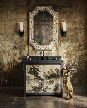 Currey & Company Bonaz Brass Bath Wall Sconce - Sculptural Design With Soft Glow, Dimmable And Damp Rated Accent Light Black Glass ,Brass 5800-0068-currey-company