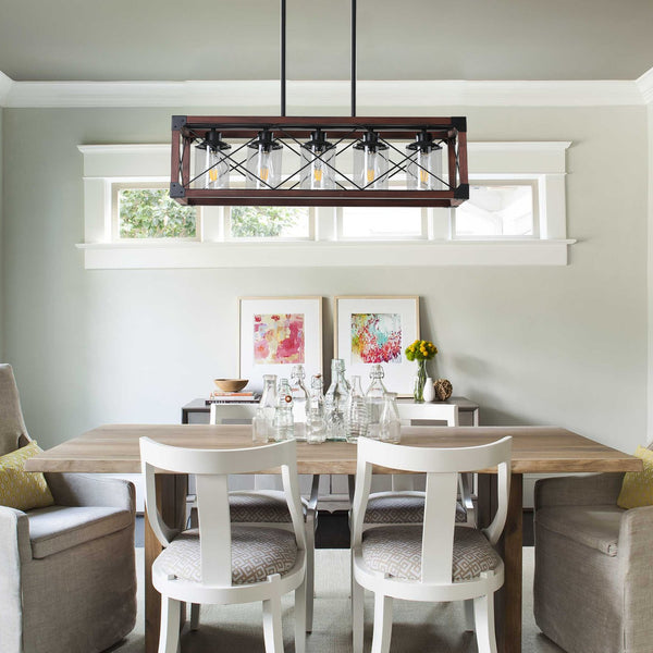 English Elm 32" Red Wood Industrial Farmhouse Pendant Light, 5-Arm Rectangle Chandelier for Kitchen Island Dining Room W2312P368676