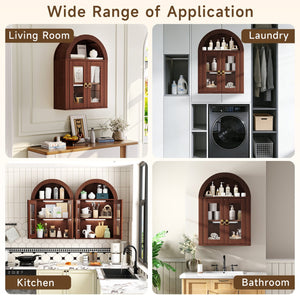 English Elm Wall Mounted Arched Cabinet Tempered Glass Doors Led Lighting Adjustable Shelves Bathroom Brown T3210P471553