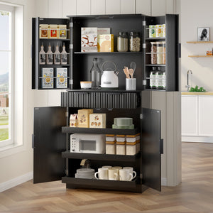 English Elm 72" Fluted Kitchen Pantry Cabinet with Anti-Tilt Stabilizers, Triple-Fold Hinges, Spice Door Racks and Deep Storage Black W2917P294985