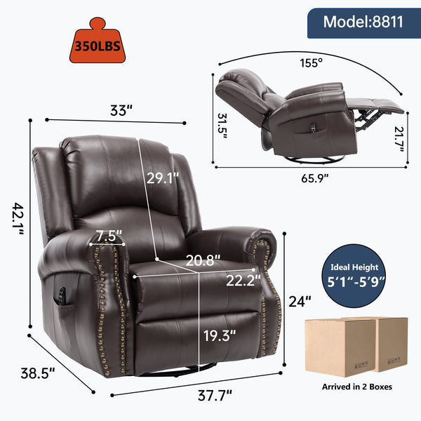 English Elm Heat Massage Rocker Swivel Recliner Chair with Lumbar Relief Nodes for Living Room Brown W3224S00031