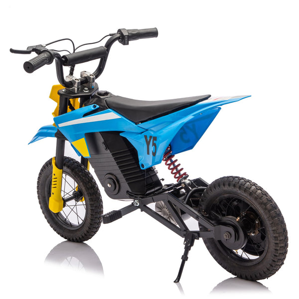 English Elm 24v 250w Kids Off-road Electric Motorcycle with Led Lights Bluetooth and Rear Suspension Blue W1578P203980
