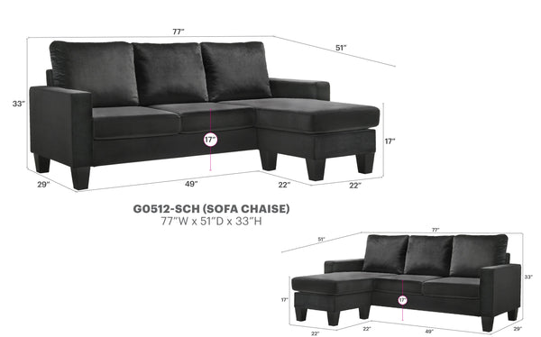 English Elm Jessica reversible sectional sofa chaise in velvet — chic, durable hardwood frame, plush seating glam centerpiece Black 22 L x 68 W x 10 H B078S00015