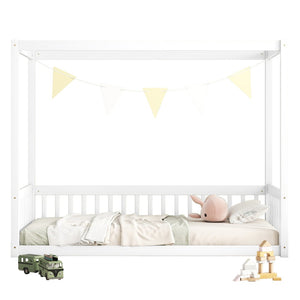 English Elm Twin Canopy Frame Floor Bed With Guardrails – Charming White Design For Cozy Kids' Rooms & Playtime W504P143278-GIGA