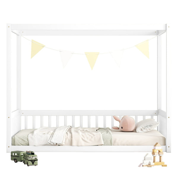 English Elm Twin Canopy Frame Floor Bed With Guardrails – Charming White Design For Cozy Kids' Rooms & Playtime W504P143278-GIGA
