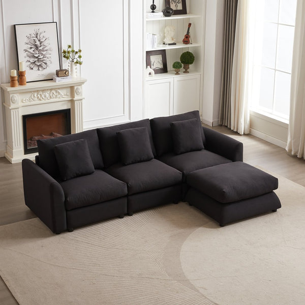 English Elm MH102.2 Modular 102.2" L-Shaped Sectional Sofa with Ottoman, 3 Cushions & Pillows, Upholstered Comfort Black W1193S00137