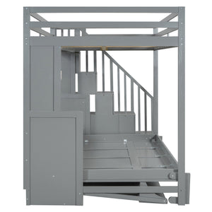 English Elm Full Over Murphy Bunk Bed with Hydraulic Lift Desk and Staircase Storage Gray LP200698AAE