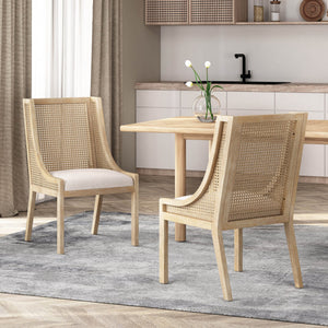 English Elm Dining Chair Set of 2 Rubberwood Cane Webbing Back Upholstered Farmhouse Style Beige N771P388970G