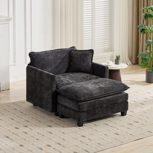 English Elm Cloud Sofa Ottoman modern velvet chenille seat with adjustable backrest, plush double-layer comfort for living spaces Black W1143P310514