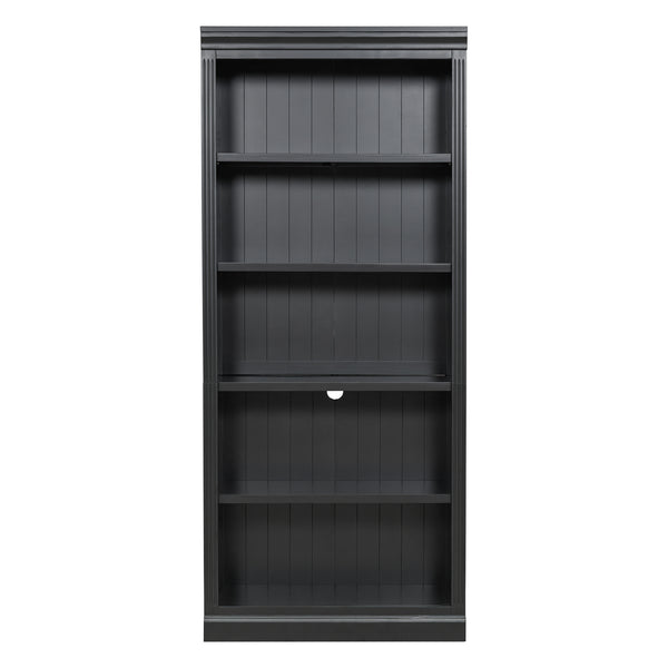 English Elm 83.4" Tall Wood Bookcase with LED Light Strip, 5-Tier Adjustable Shelves, Cable Hole, Modern Black Storage Organizer N751S246934B