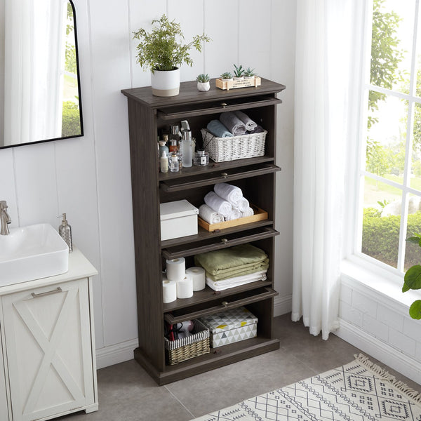 English Elm Glass 4-Tier Display Cabinet with Tempered Glass Doors, Flip-Up Access, Aluminum Frame, Elegant Chic Storage for Collectibles and Books Brown W2275P206601