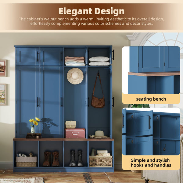 English Elm Farmhouse Hall Tree with Triple Arch Back Panel Eight Hooks Drawers and Entryway Bench Blue N721S000059C-1