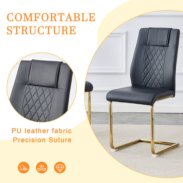 English Elm Table and Chair Set Marble Tempered Glass Top Gold Sculptural Legs Four Pu Seats Black+Gold W1151S03292