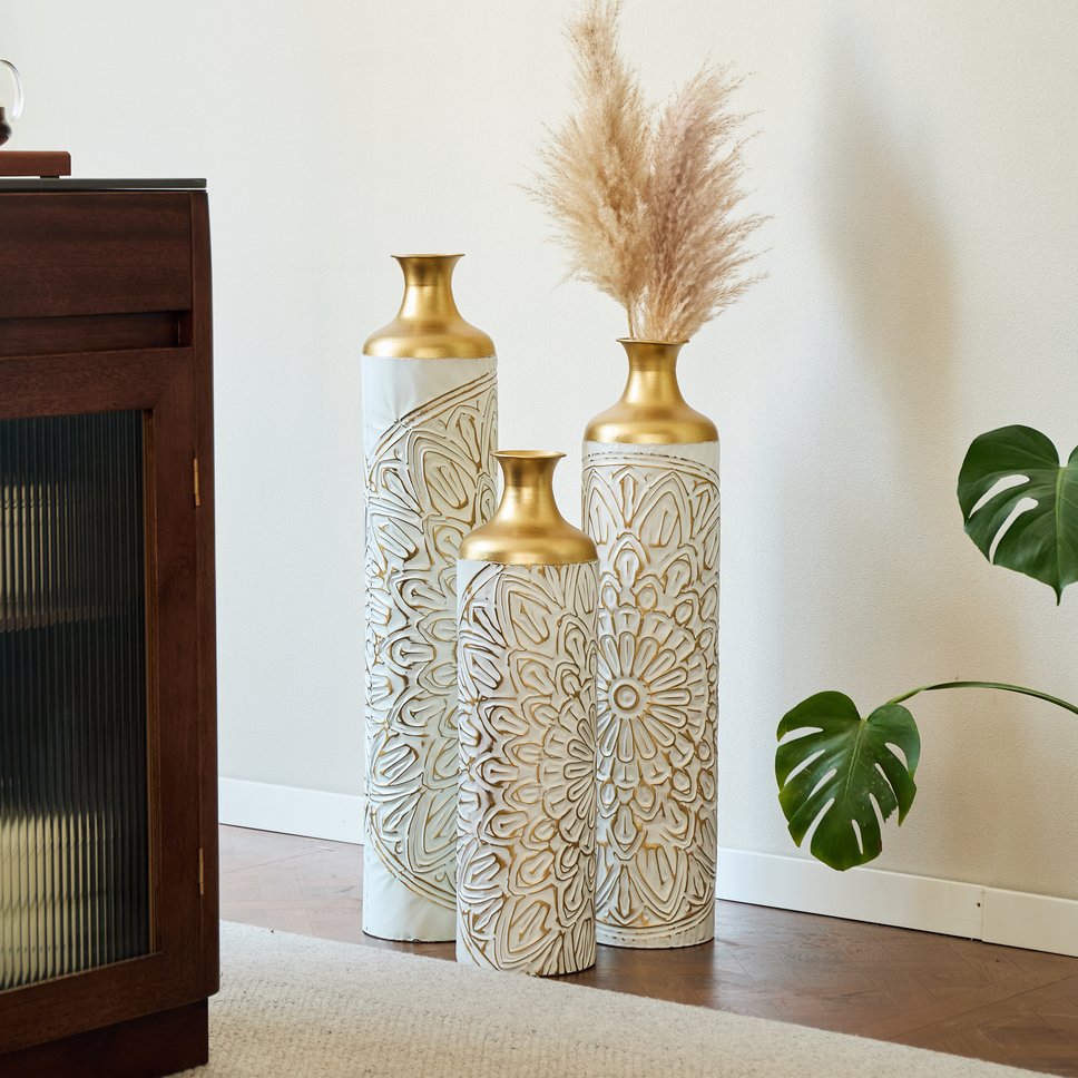 English Elm Floor Glam Metal Vase Set 3-Piece Gold & White Droplet Sculptural Floor Vases Tall Modern Décor W2796P321401