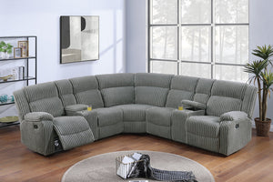 English Elm Power Motion Fur-Like Corduroy Smoke Sectional with Dual Console Cup Holders USB Recliners Comfort B089S00172