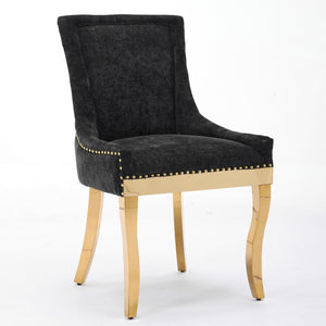 English Elm Chenille Modern Dining Chair with Curved Gold-Plated Legs, Rivet Trim, Textured Upholstery Comfort Black W1143P332685