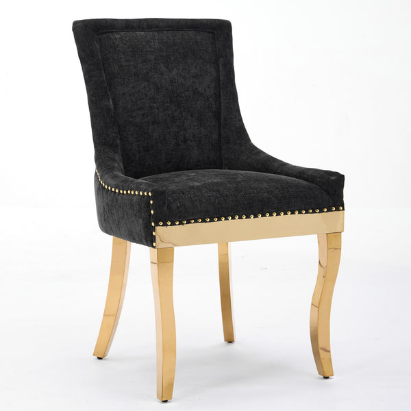 English Elm Chenille Modern Dining Chair with Curved Gold-Plated Legs, Rivet Trim, Textured Upholstery Comfort Black W1143P332685