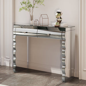 English Elm Mirror silver console table with curved mirrored glass, 2 drawers, solid wood frame, luxe hallway focal piece W3836P370243