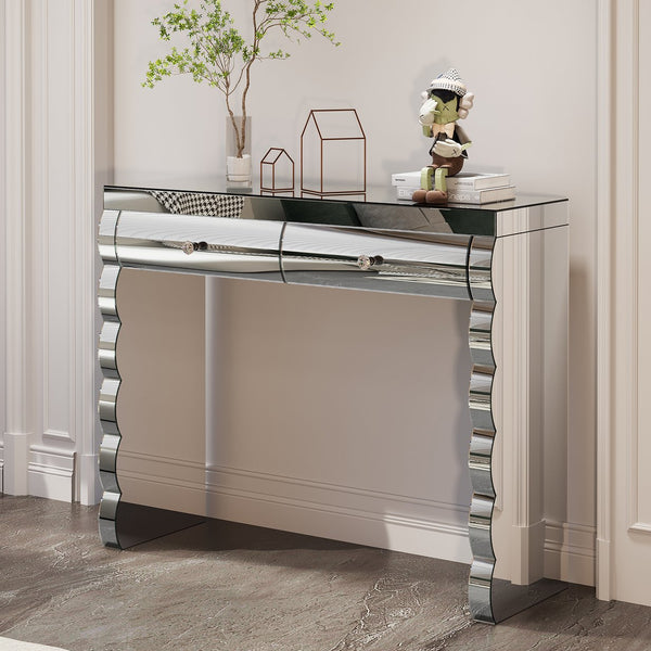 English Elm Mirror silver console table with curved mirrored glass, 2 drawers, solid wood frame, luxe hallway focal piece W3836P370243