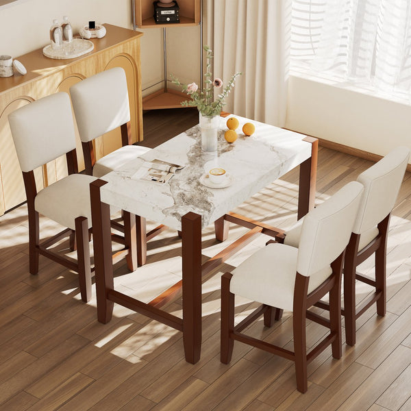 English Elm 5-Piece Faux Marble Counter Height Dining Set — 4 Upholstered Stools, Space-Saving Mid-Century Modern for Kitchen N752S011086A
