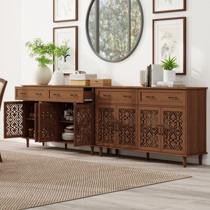 English Elm 4 Door Sideboard Buffet with Hand Carved Geometric Panels Black Oak Finish Raised Legs W688P359947