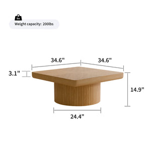 English Elm 34.6'' Square Coffee Table Parquet Wood Veneer Sculptural Cylindrical Base Modern Living Room Natural Wood W1435P337646