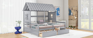 English Elm Twin House Platform Bed with Pitched Roof and Two Under-Drawers for Shared Kids’ Rooms, Durable Pine Gray GX000452AAE