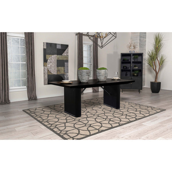 English Elm Houston Oak Top Black Double Pedestal Dining Table with Fluted Legs, Metal Braces & Transitional Charm B062S01220