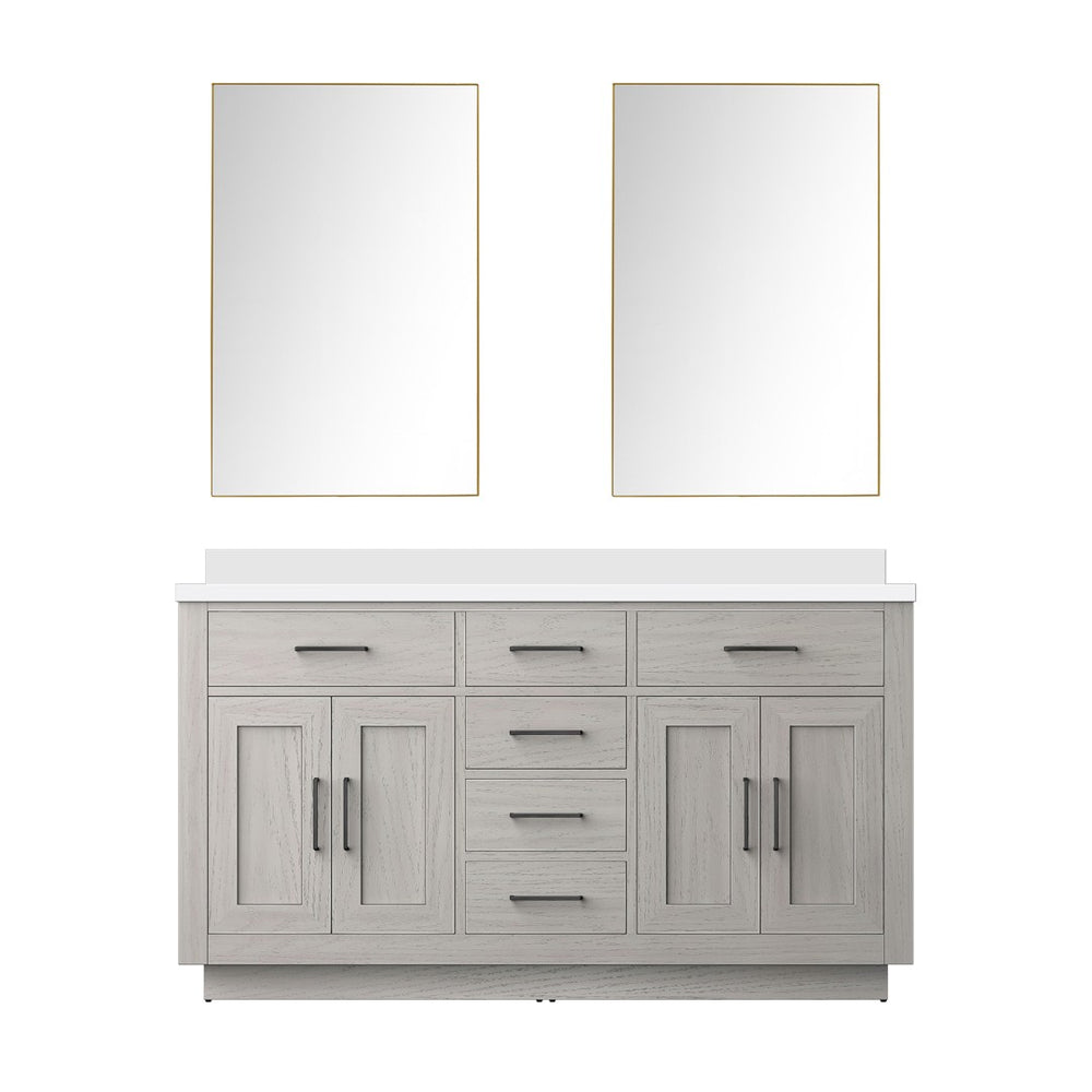 English Elm White Oak Double Bath Vanity Set With Cultured Marble Top & 55-Inch Frameless Mirror For Elegance B2731S01412-GIGA
