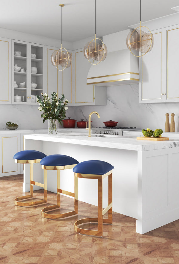 English Elm Aura Metal Upholstered Barstool Blue — Backless Faux Leather Seat, Foam Padding, Brass Polished Base, 28.5" Height, No Assembly Needed B365P397988