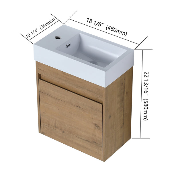 English Elm 18'' Floating Vanity with White Resin Sink, Soft-Close Door, Open Shelf Storage, Water-Resistant Finish W99936260
