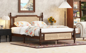 English Elm Queen Pine Bed with Rattan Headboard & Footboard, Walnut Finish, Space-Saving Central Platform Design W504P269833