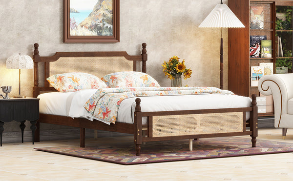 English Elm Queen Pine Bed with Rattan Headboard & Footboard, Walnut Finish, Space-Saving Central Platform Design W504P269833
