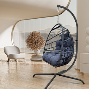 English Elm Swing Egg Chair with Stand - Foldable Wicker Rattan Hanging Basket, Safety Guardrail & Cup Holder Black W2707P184391