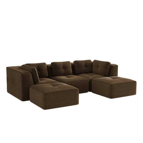 English Elm Modern Corduroy Sectional Sofa with Tufted Cushions Dual Ottomans and Deep Seating Brown W714S01809