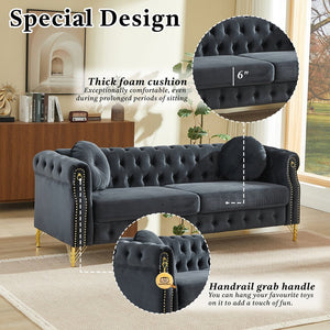 English Elm Velvet Chesterfield Tufted Sofa with Copper Stud Trim and Gold Legs for Glam Living Black W834S00634