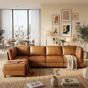 English Elm Modern Foil Fabric Modular Sectional Sofa Reconfigurable Living Room Seating Light Brown W5568S00051