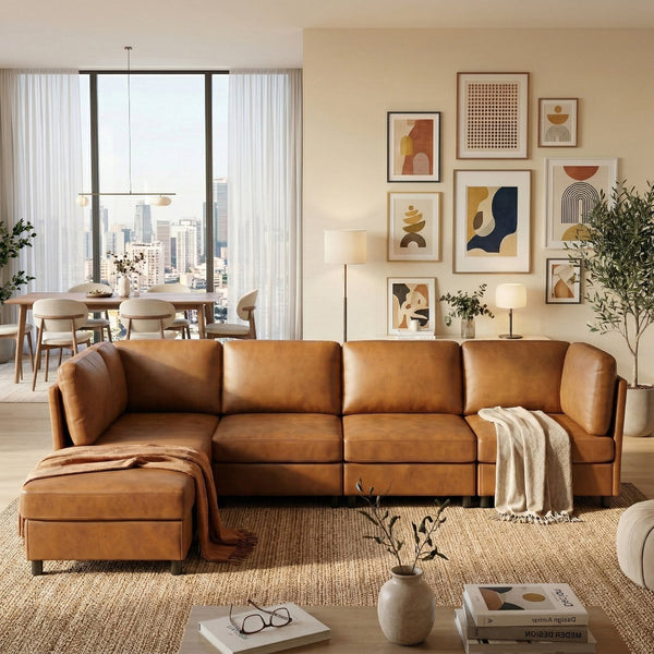 English Elm Modern Foil Fabric Modular Sectional Sofa Reconfigurable Living Room Seating Light Brown W5568S00051