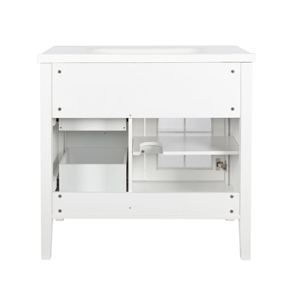 English Elm 35.6" Freestanding Bathroom Vanity with Roman Column Base and Ceramic Integrated Sink White W1801S00011