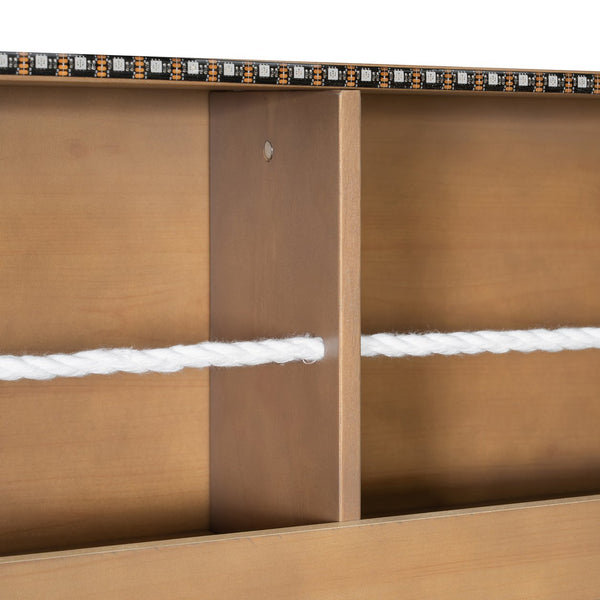 English Elm Full Xl Over Queen Bunk Bed Pinewood Frame with Led Lights Shelving Pegboard Brown LT000279AAP