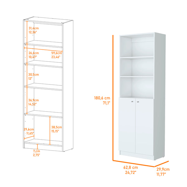 English Elm Sutton White 2-Door Bookcase with Multi-Level Open Shelves, Engineered Wood Storage, Space-Saving Design B128P176167
