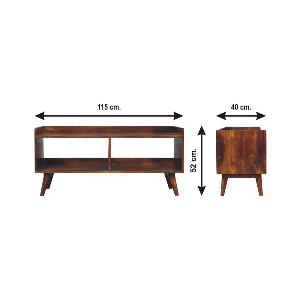 English Elm Solid Solid Wood Open-Top Chestnut Console Table with 2 Open Shelves, Nordic Legs, Mango Wood Finish B182P234110