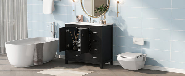 English Elm 36" Black Bathroom Vanity with Ceramic Sink, 2 Soft-Close Doors & 5 Drawers, Modern Storage Elegance N729P183735B